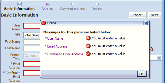 FOD customer registration form with validation errors