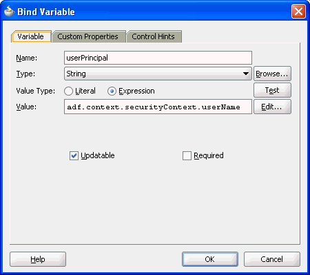 Image of Bind Variable dialog with user name expression