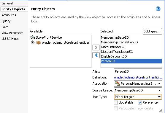 Attribute Setting page in View Object wizard