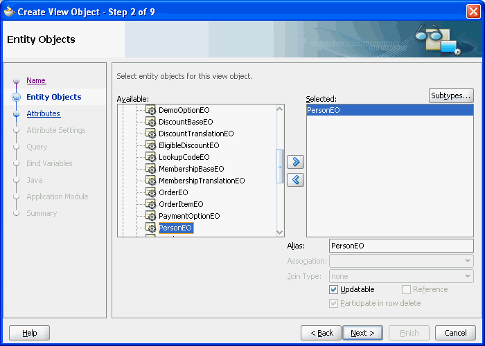 Image of step 2 of the Create View Object wizard