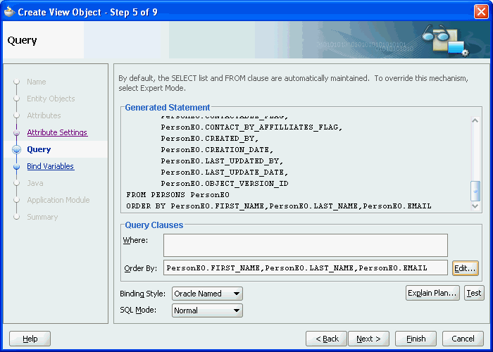 Image of step 5 of the Create View Object wizard