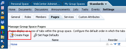Create Page command on Pages subtab