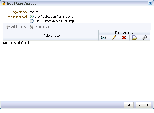 Set Page Access dialog box for a group space page