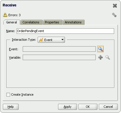 Receive dialog where the interaction pattern is set to Event