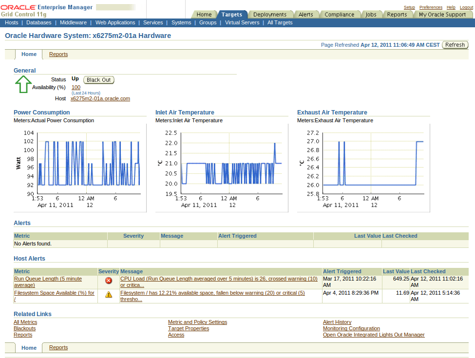 image:Example of the Oracle Hardware System target home page, showing ...