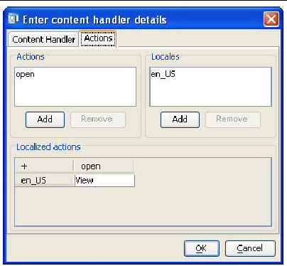 Content Handler details window with Actions tab selected