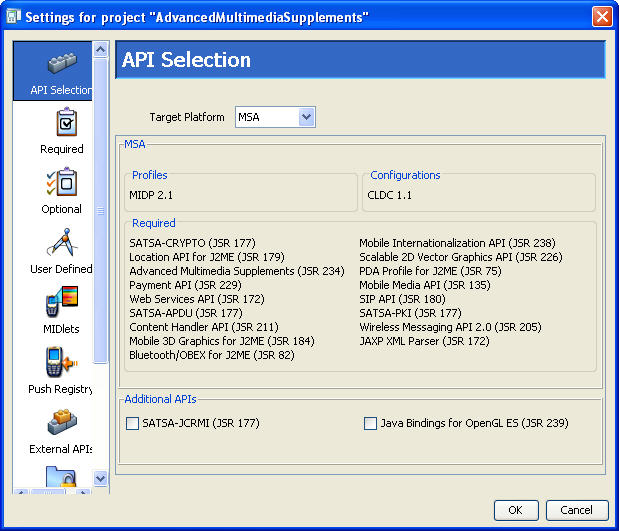 Project settings window for API Selection. The target platform is MSA.