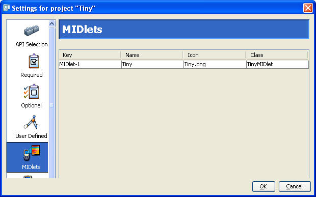 MIDlet list for project "Tiny"