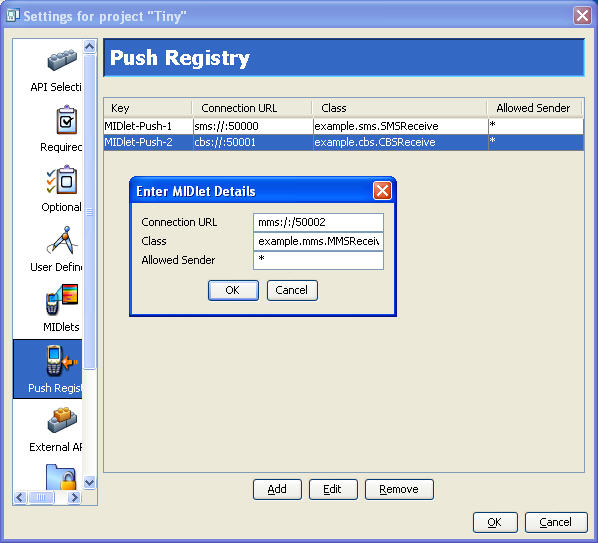 This figure displays the push registry settings for the WMADemo project