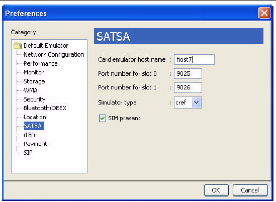 Preferences window with SATSA category shown sets Port # for slot 0 and slot 1, card emulator host name and simulator type.