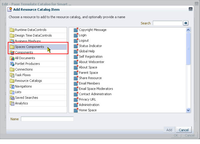 Spaces components in the Add Resource Catalog Item dialog