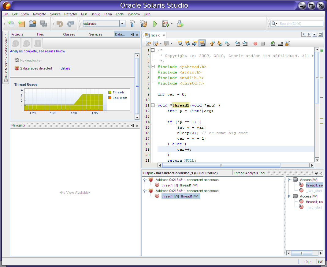 Screen capture of IDE with Data Race Detection running
