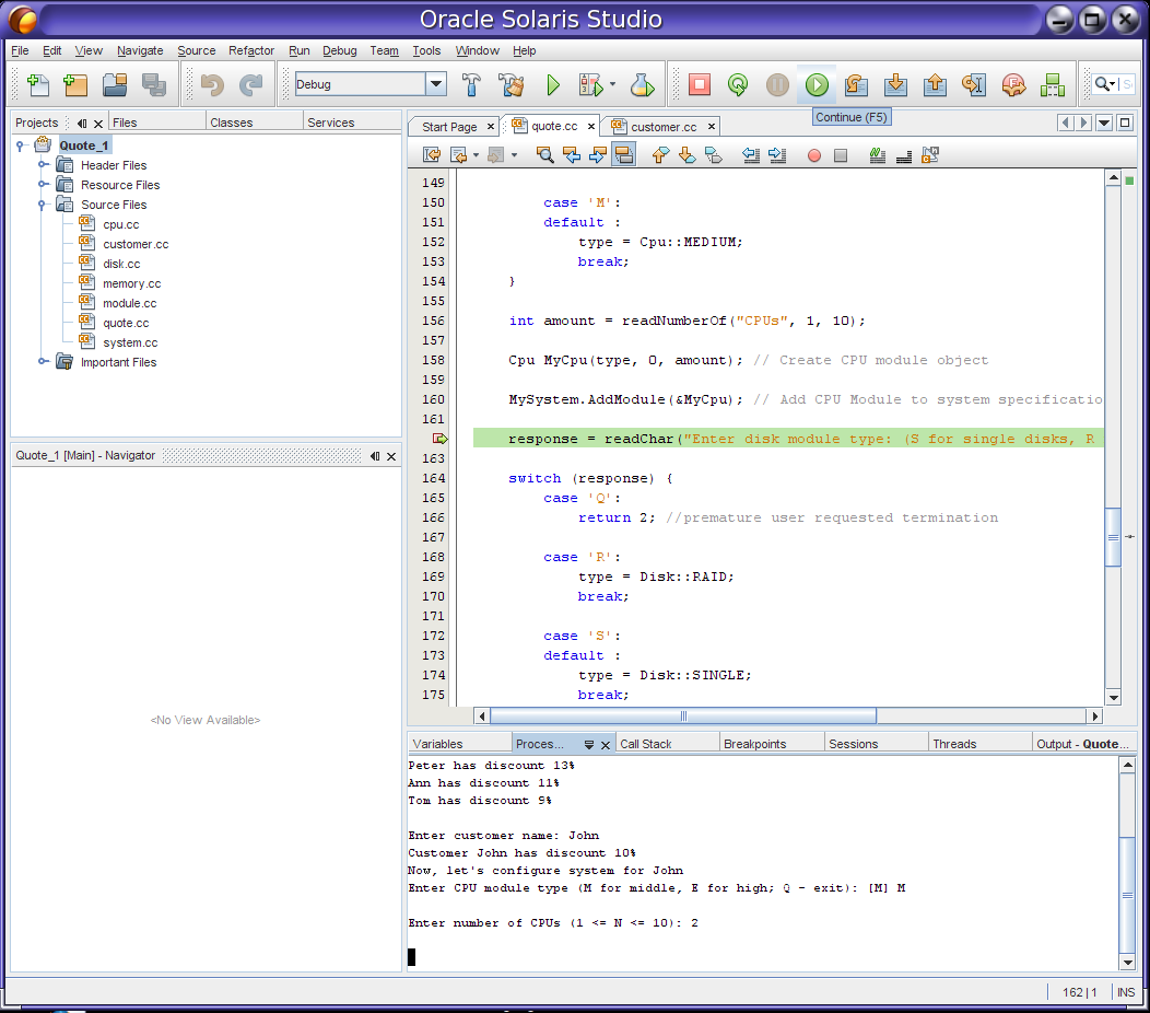 Screen capture of Oracle Solaris Studio IDE with dbx debugger running