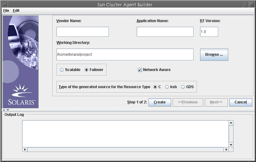 image:Dialog box titled Solaris Cluster Agent Builder that shows the main Agent Builder Create screen