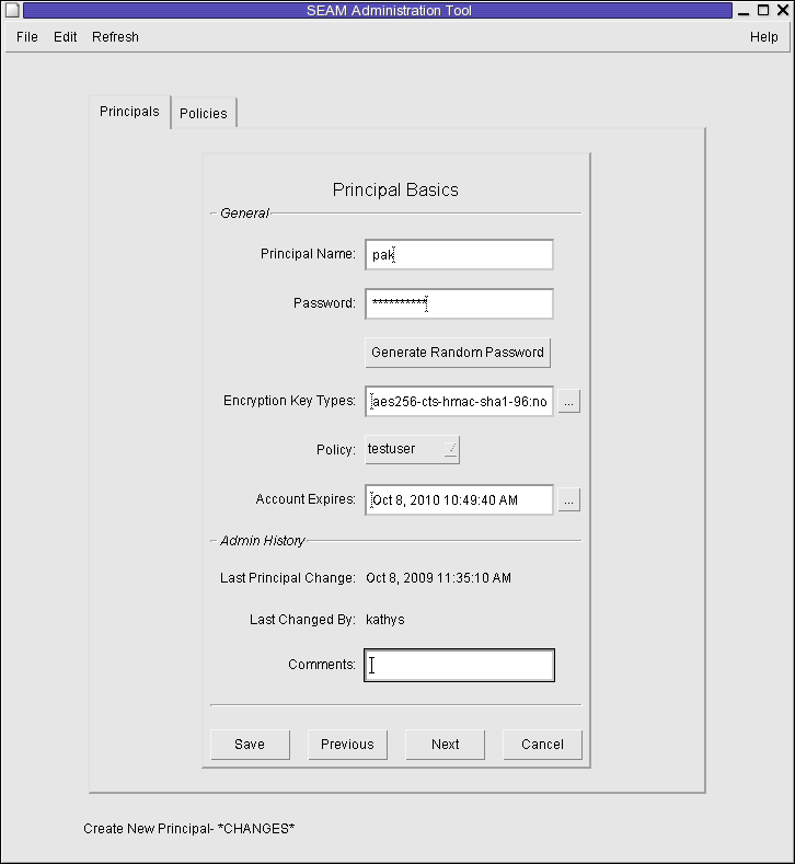 Dialog box titled SEAM Tool shows account data for the pak principal. Shows password, account expiration date, and testuser policy.