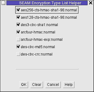 Dialog box titled SEAM Encryption Type List Helper lists all of the encryption types installed.