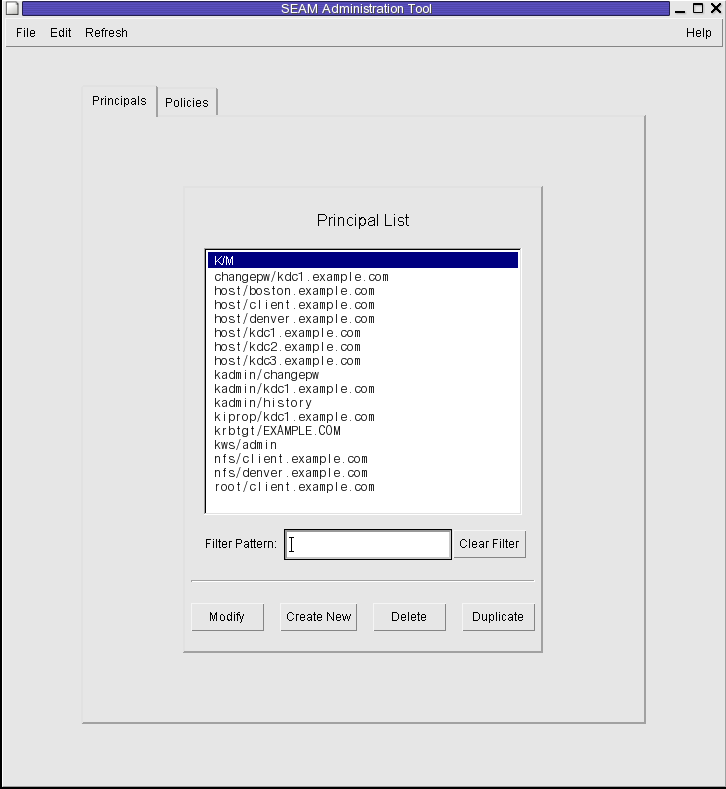Dialog box titled Seam Tool shows a list of principals and a list filter. Shows Modify, Create New, Delete, and Duplicate buttons.