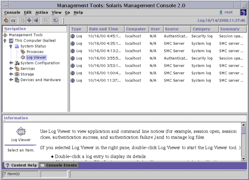 Window titled Management Tools: Solaris Management Console. Shows the Navigation panel, selectable log summaries, and the Information panel.