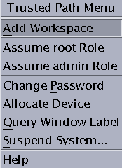 The illustration shows the Trusted Path menu in Trusted CDE.