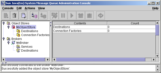 image:Message Queue Administration Console window. Object store node selected in tree view pane.