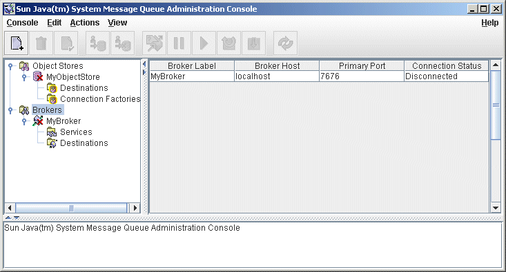 image:Message Queue Administration Console window. Broker selected in tree view.