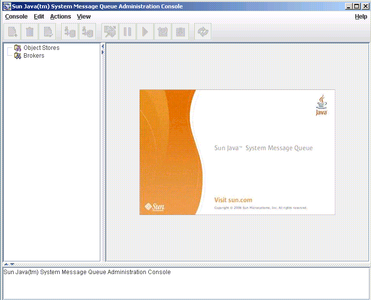 image:Startup screen for Sun Java System Message Queue. Tree view in left pane; contents in right pane. 