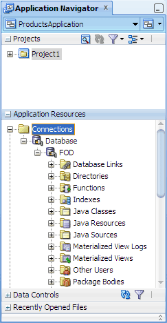 Application Resources panel, database and schema objects
