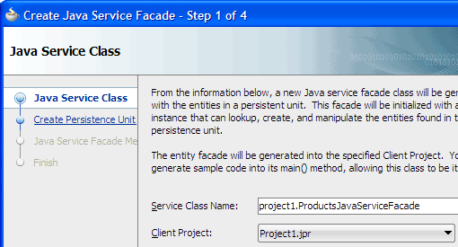 Create Java Service Facade wizard