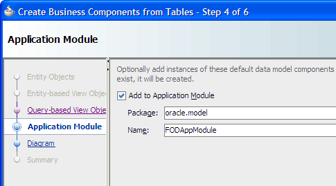 Create Business Components from Tables wizard, step 4