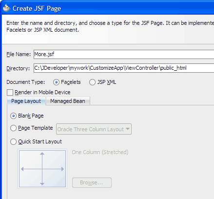 Create JSF Page dialog, More page
