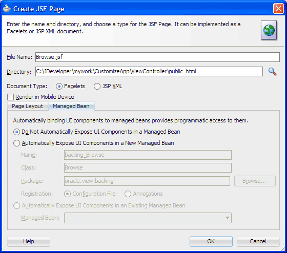 Create JSF Page dialog, Managed Bean tab