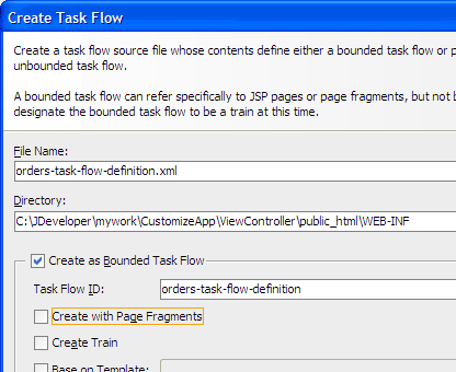Create Task Flow dialog, bounded task flow
