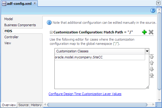 Overview editor of adf-config.xml, MDS page