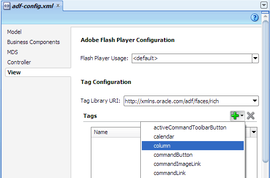 adf-config.xml verview editor, adding tags context menu