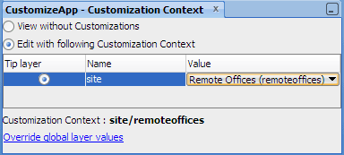 Customization Context window, remote offices selected
