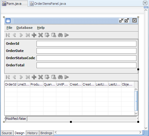 Java visual editor, master form detail table