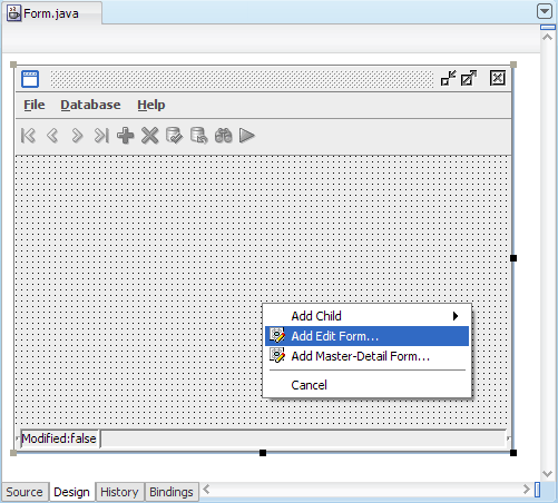 Java visual editor, context menu Add Edit Form