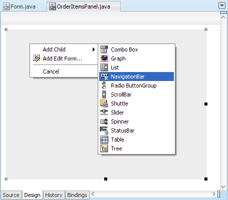 Java visual editor, context menu Add Child