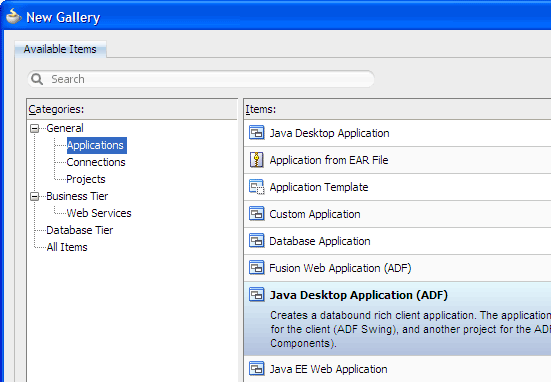 New Gallery, Create Java Desktop ADF Application