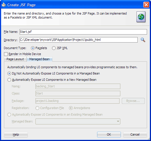 Managed Bean tab, Create JSF Page
