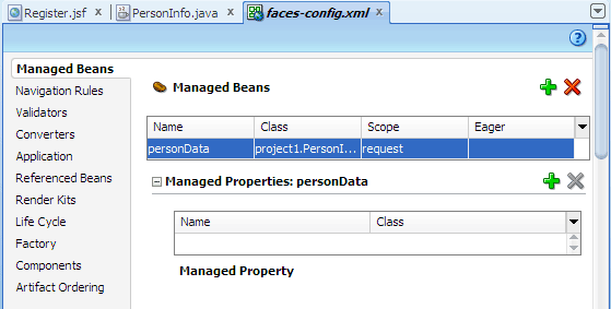 Overview editor for JSF configuration file, managed bean