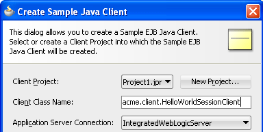 Create Sample Java Client dialog
