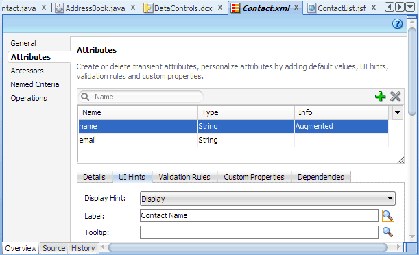 Overview editor for Contact.xml, UI Hints