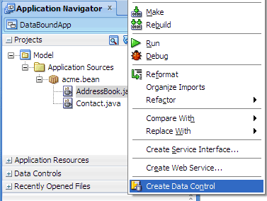 Create Data Control context menu