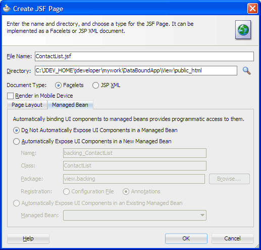Create JSF Page dialog, Managed Bean