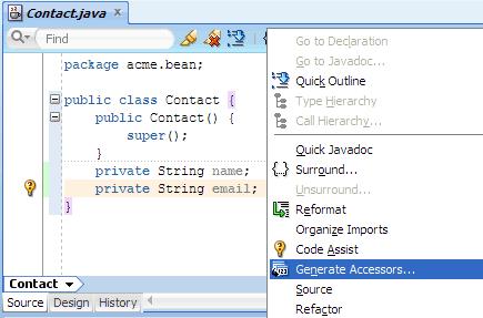 Java source editor, Generate Accessors