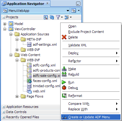 Application Navigator, Create ADF Menu context menu option