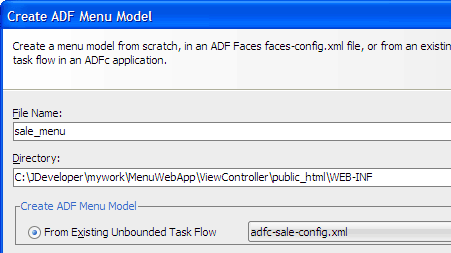 Create ADF Menu Model dialog