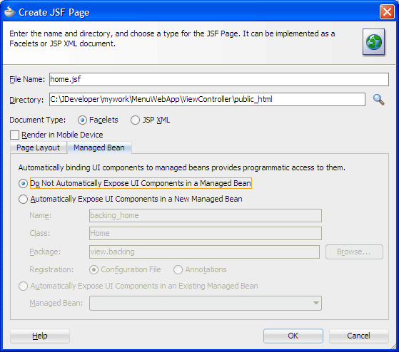 Create ADF Page Fragment dialog, Managed bean page