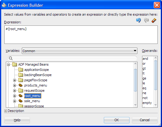 Expression Builder, root_menu EL expression
